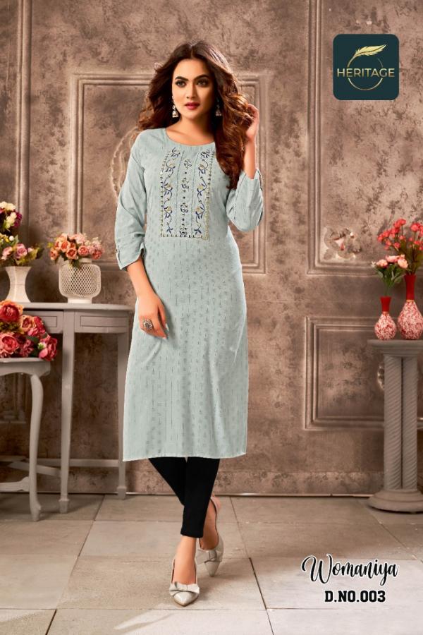 Heritage Womaniya Rayon Designer embroidery Kurti Collection